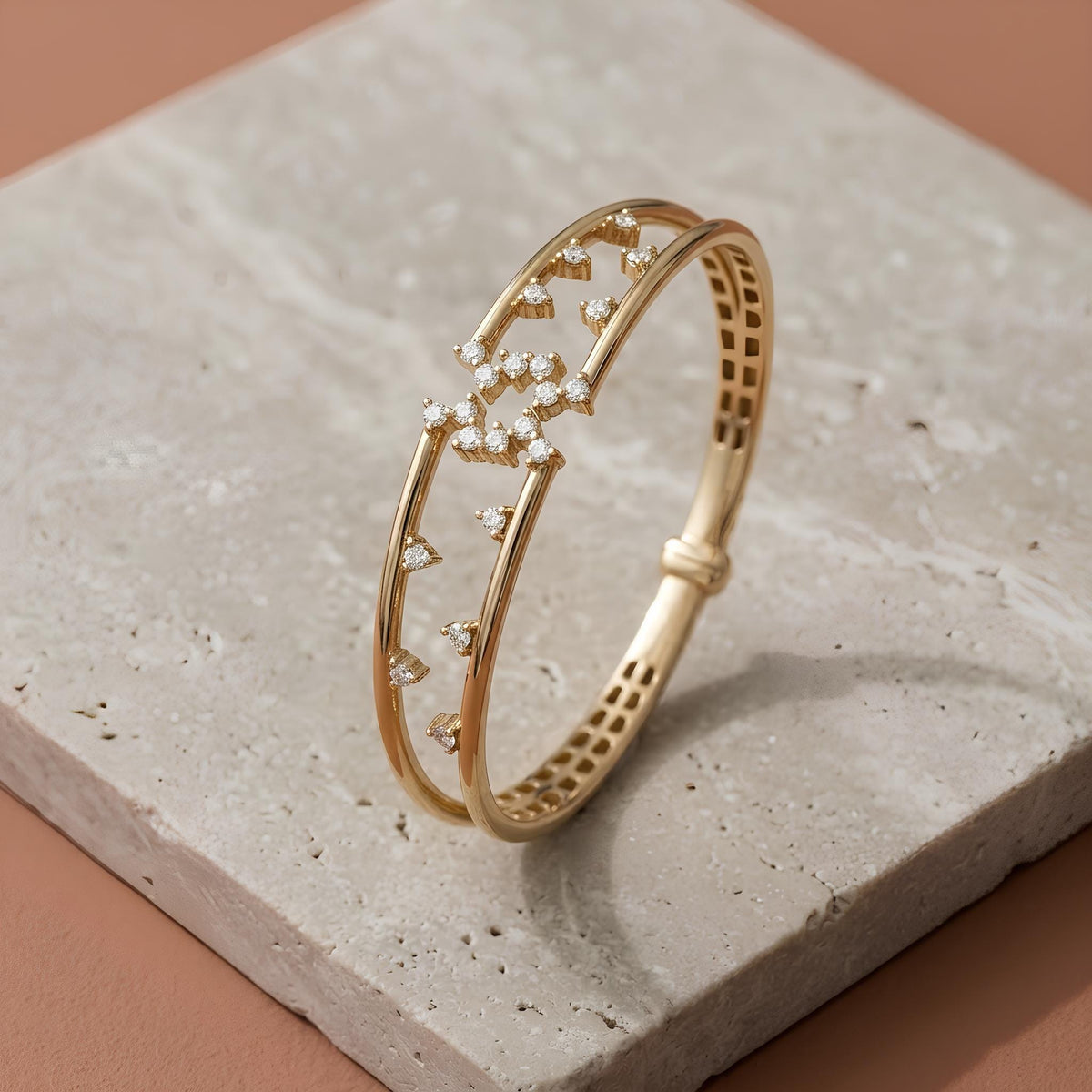 14K Solid Gold Multi-Row Scattered Zircon Bangle
