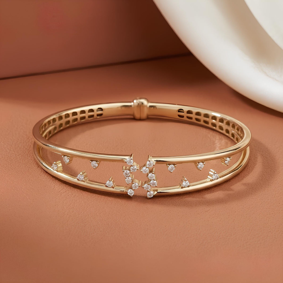 14K Solid Gold Multi-Row Scattered Zircon Bangle