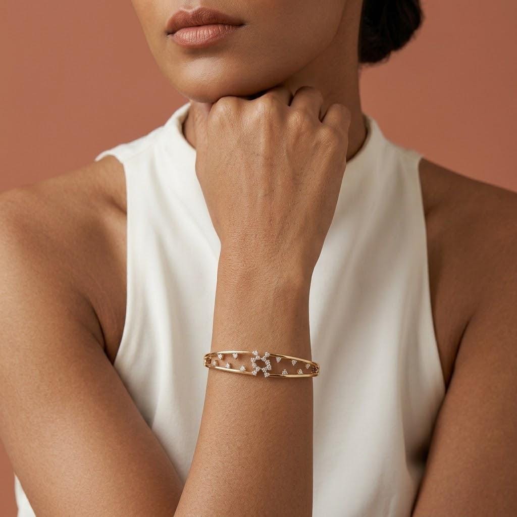 14K Solid Gold Multi-Row Scattered Zircon Bangle