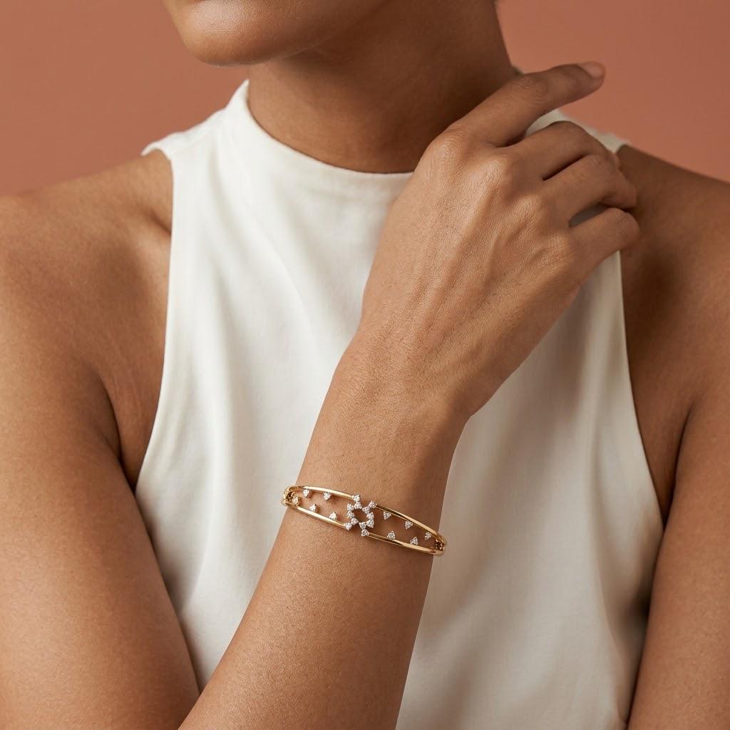 14K Solid Gold Multi-Row Scattered Zircon Bangle