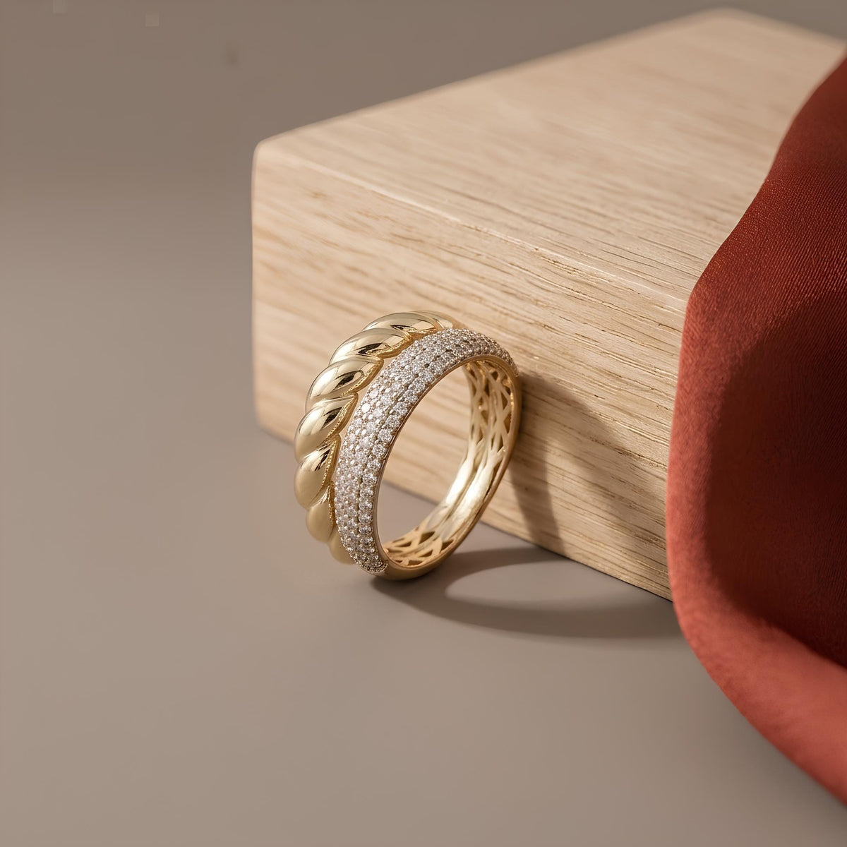 14K / 18K Solid Gold Pave Twisted Band Ring