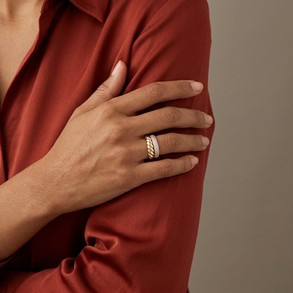 14K / 18K Solid Gold Pave Twisted Band Ring