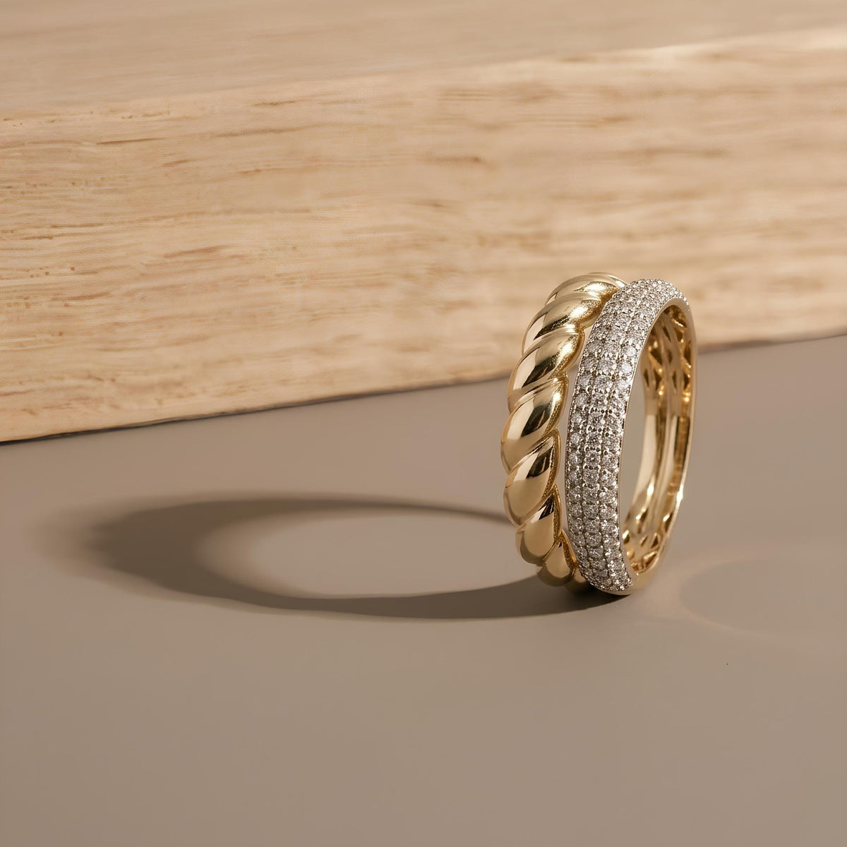 14K / 18K Solid Gold Pave Twisted Band Ring