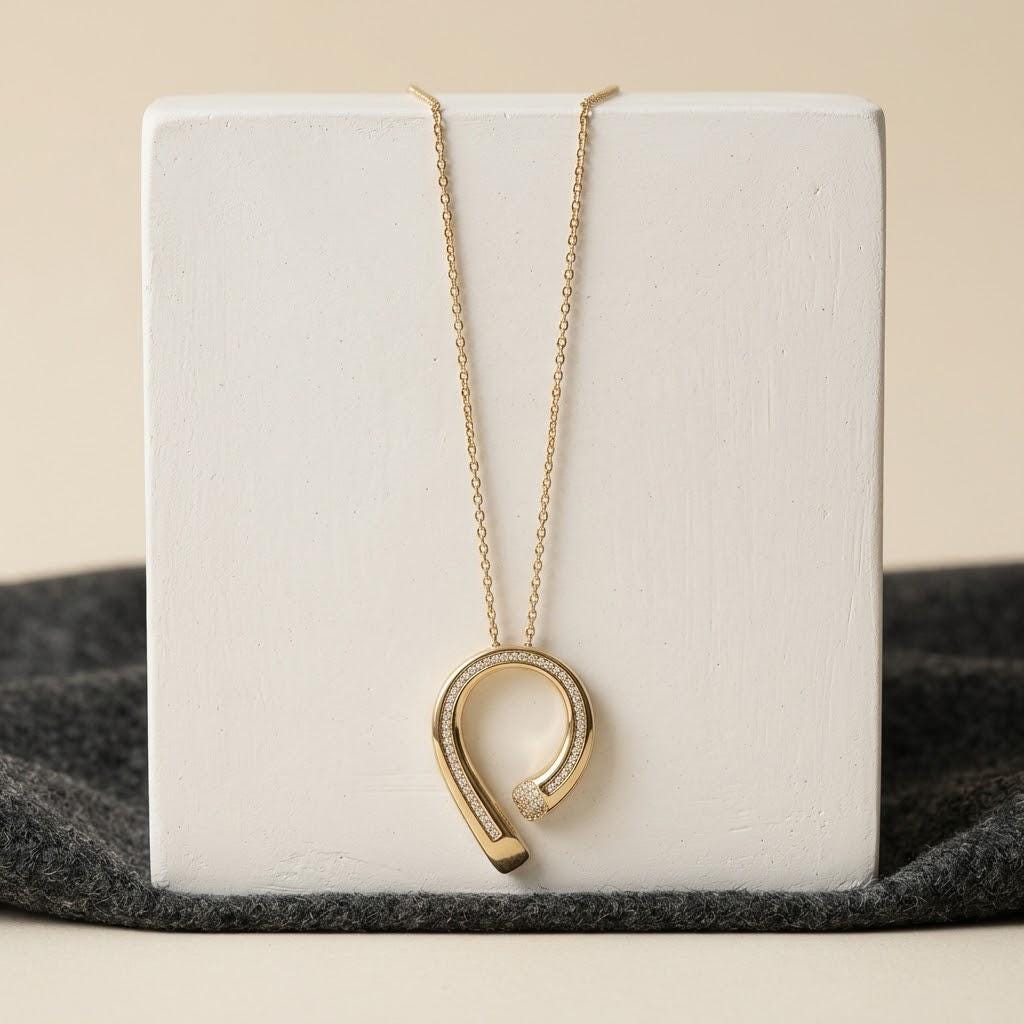 14K / 18K Solid Gold Pave Horseshoe Necklace