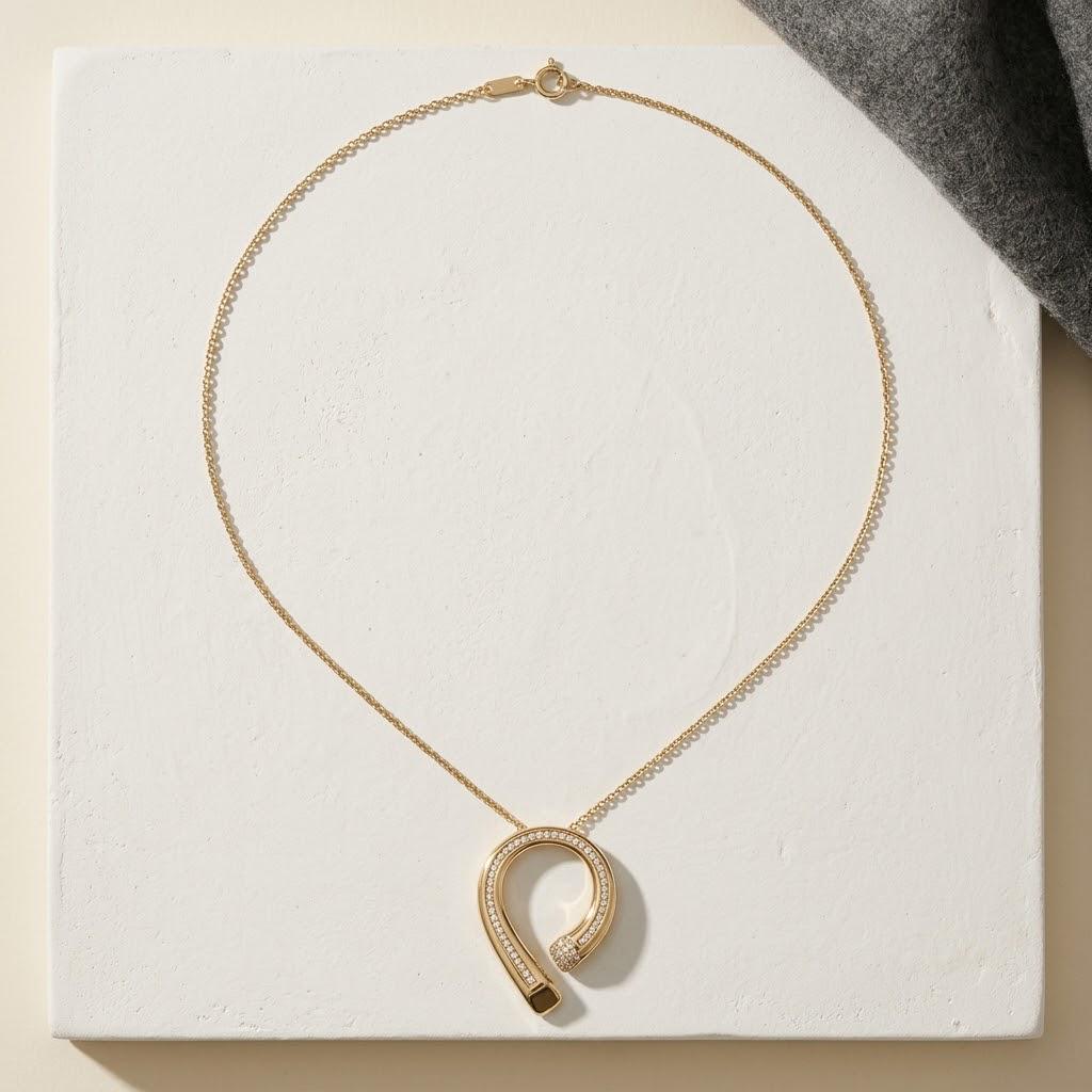 14K / 18K Solid Gold Pave Horseshoe Necklace