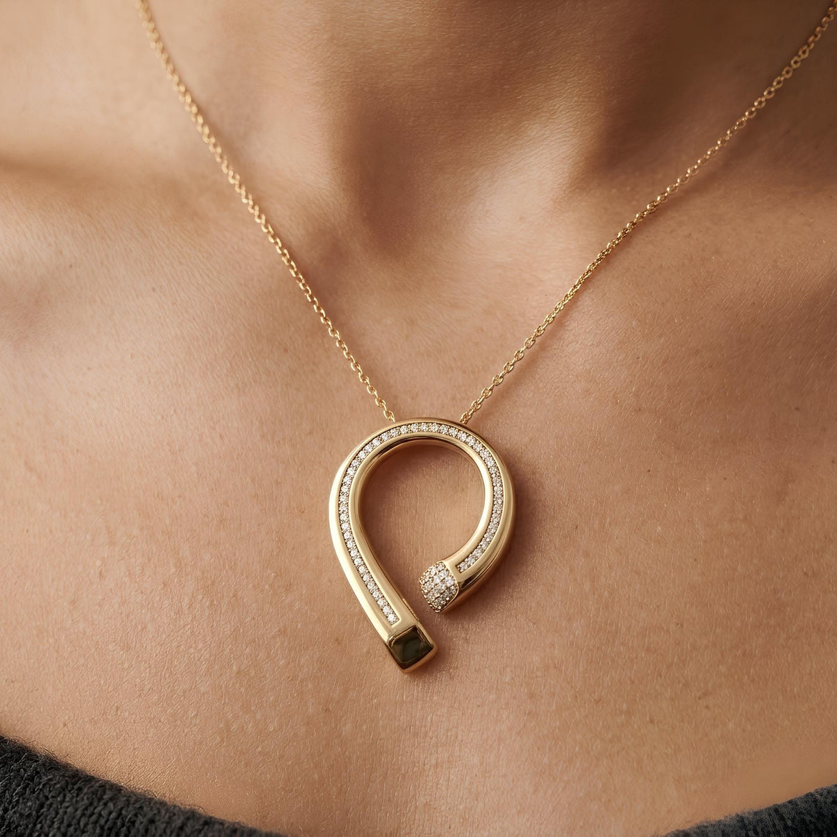 14K / 18K Solid Gold Pave Horseshoe Necklace