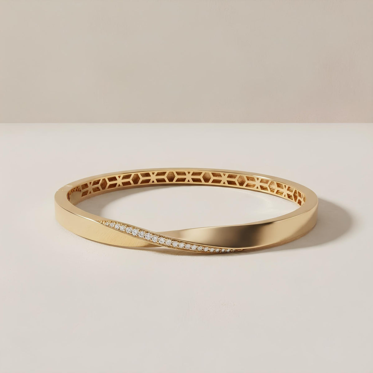 14K / 18K Solid Gold Twisted Pave Bangle