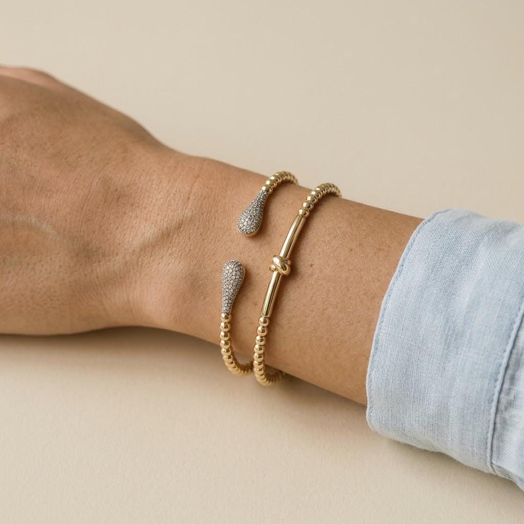 14K / 18K Solid Gold Pave Teardrop Bangle