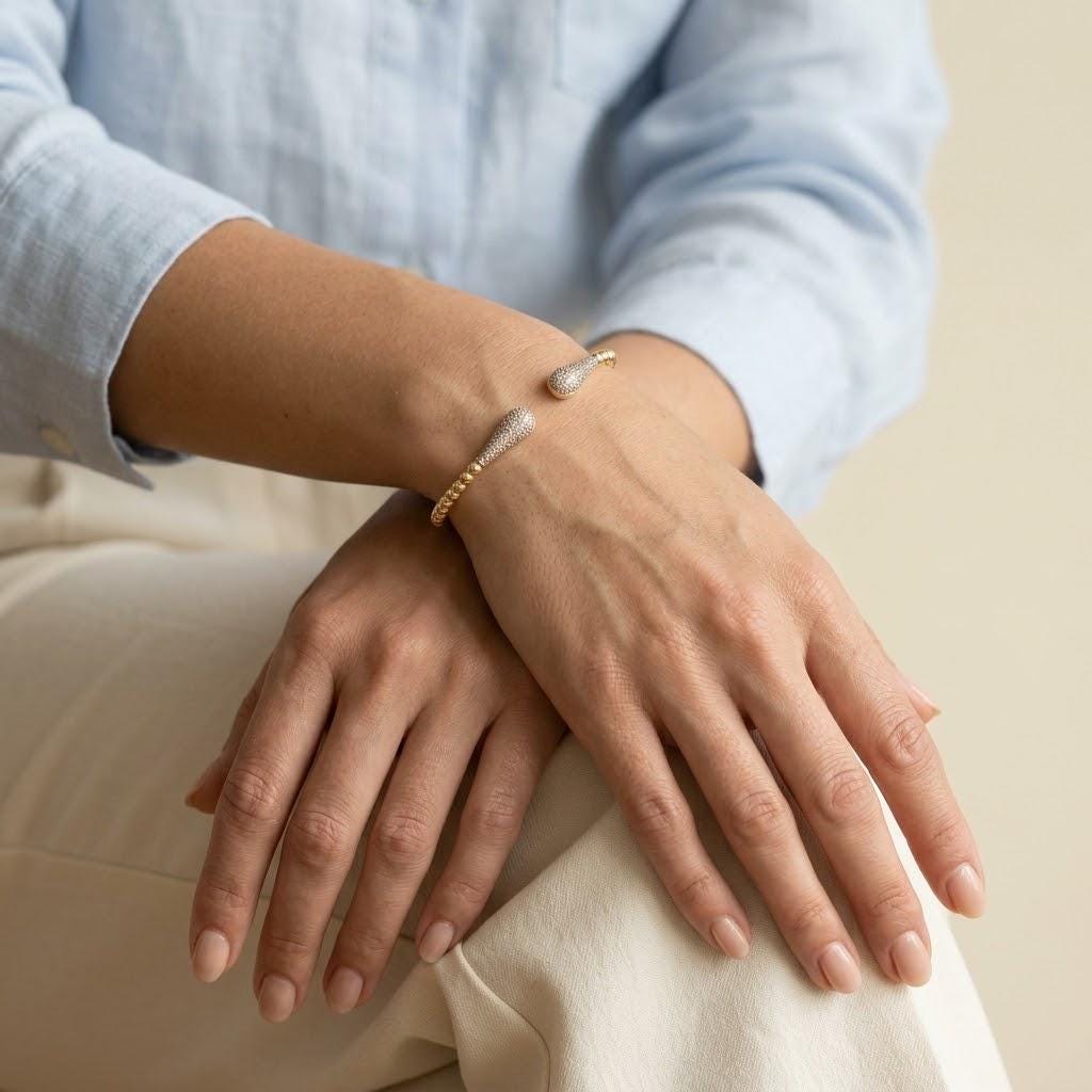 14K / 18K Solid Gold Pave Teardrop Bangle