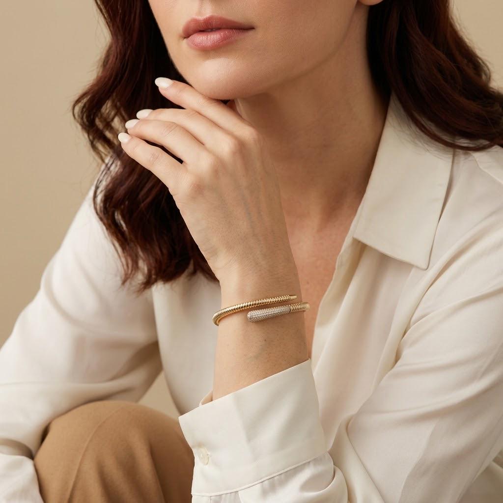 14K / 18K Solid Gold Zircon Bypass Bangle