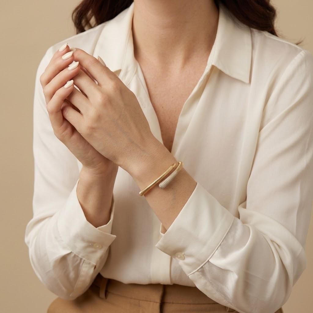 14K / 18K Solid Gold Zircon Bypass Bangle