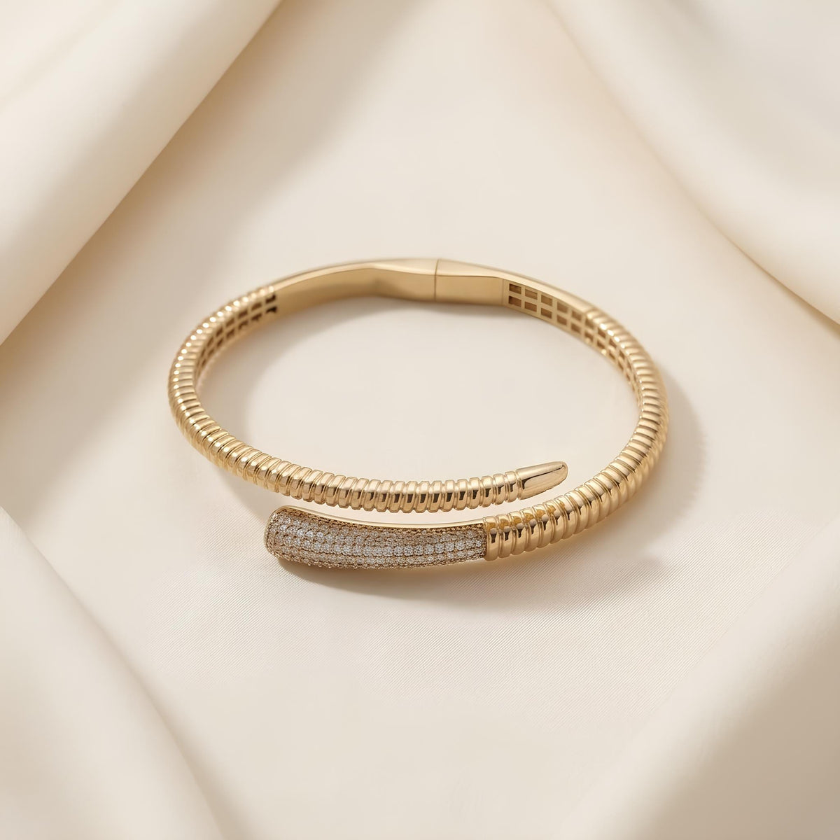 14K / 18K Solid Gold Zircon Bypass Bangle