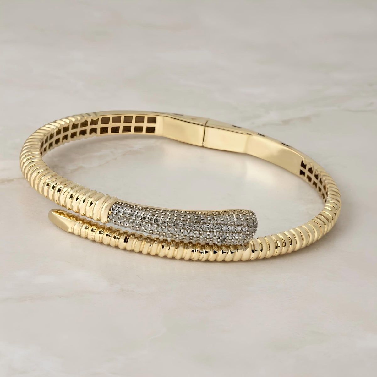 14K / 18K Solid Gold Zircon Bypass Bangle