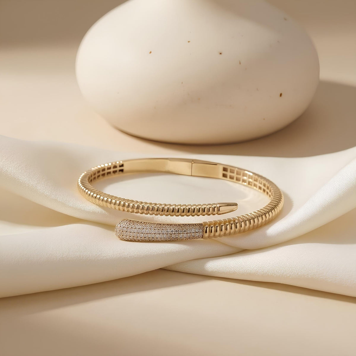 14K / 18K Solid Gold Zircon Bypass Bangle