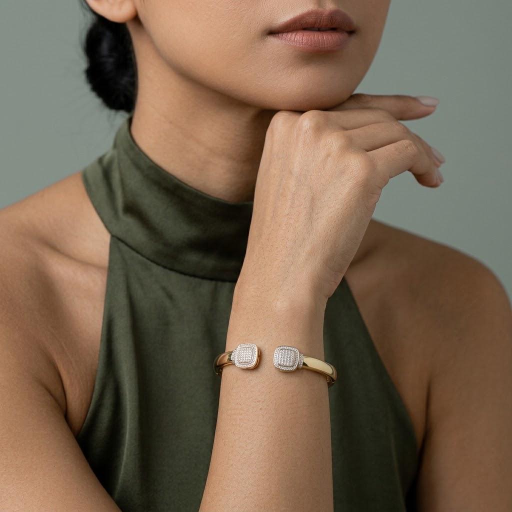 14K / 18K Solid Gold Cushion Halo Zircon Bangle