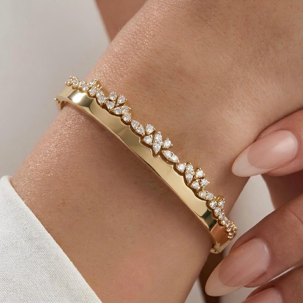 14K / 18K Solid Gold Pave Zircon Vine Bangle