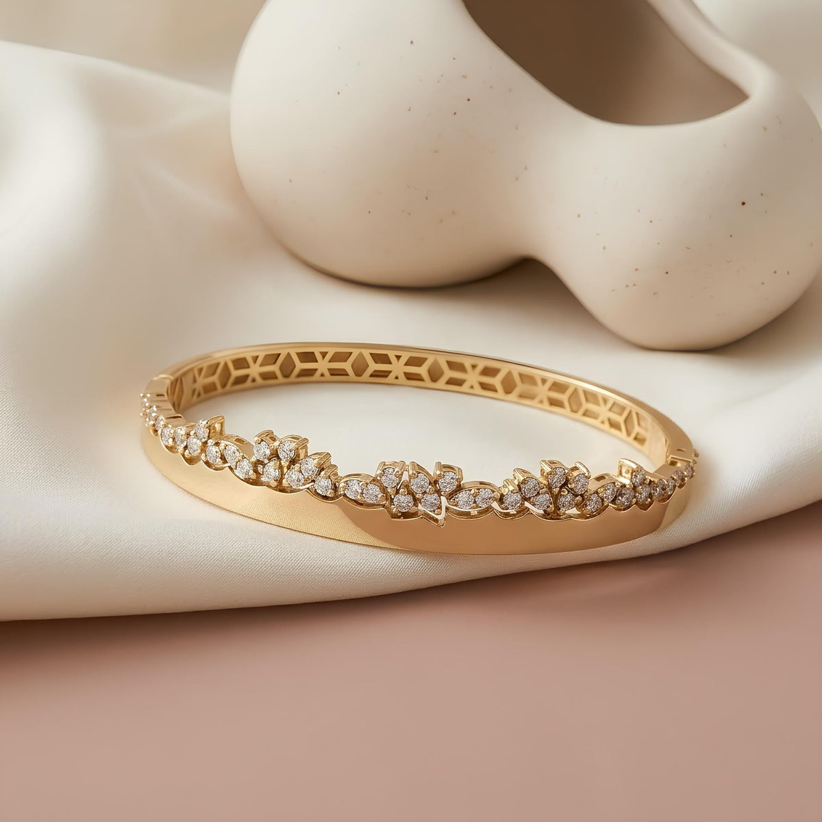 14K / 18K Solid Gold Pave Zircon Vine Bangle