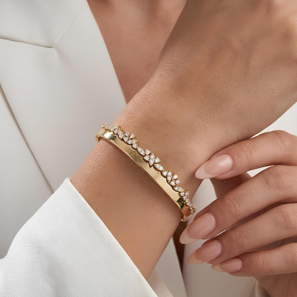 14K / 18K Solid Gold Pave Zircon Vine Bangle