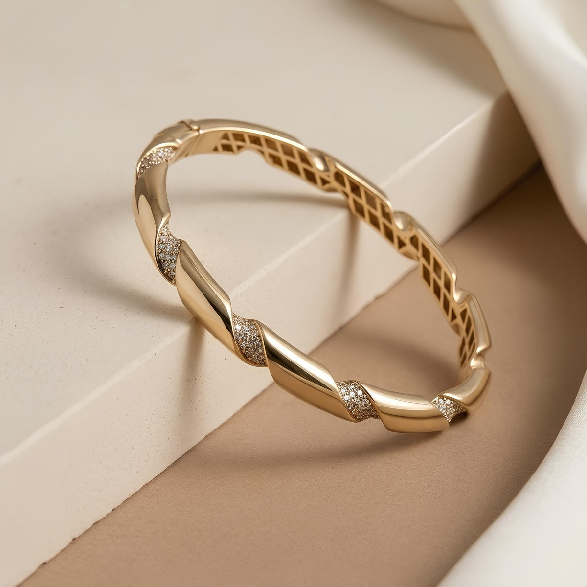 14K / 18K Solid Gold Twisted Pave Zircon Bangle
