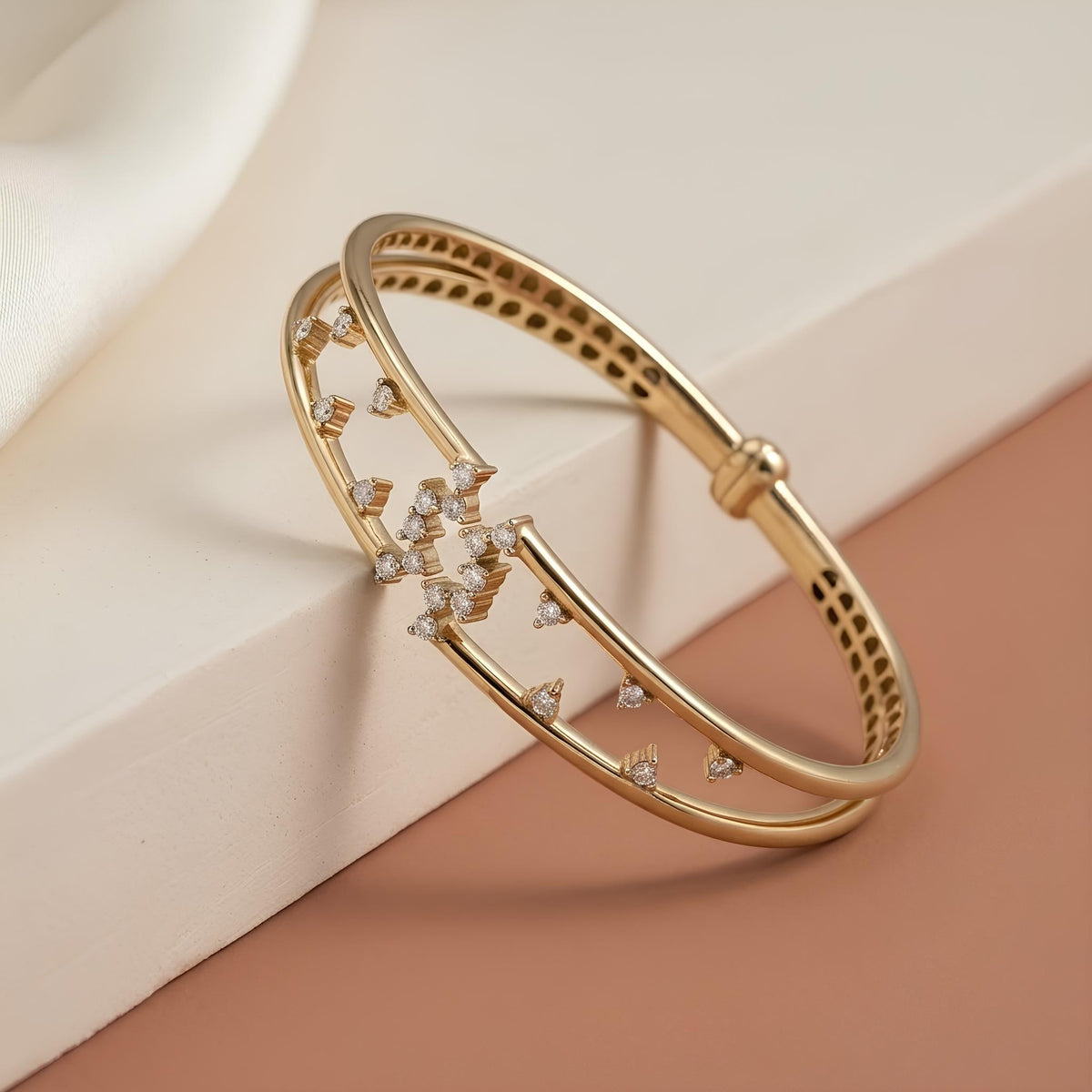 14K Solid Gold Multi-Row Scattered Zircon Bangle
