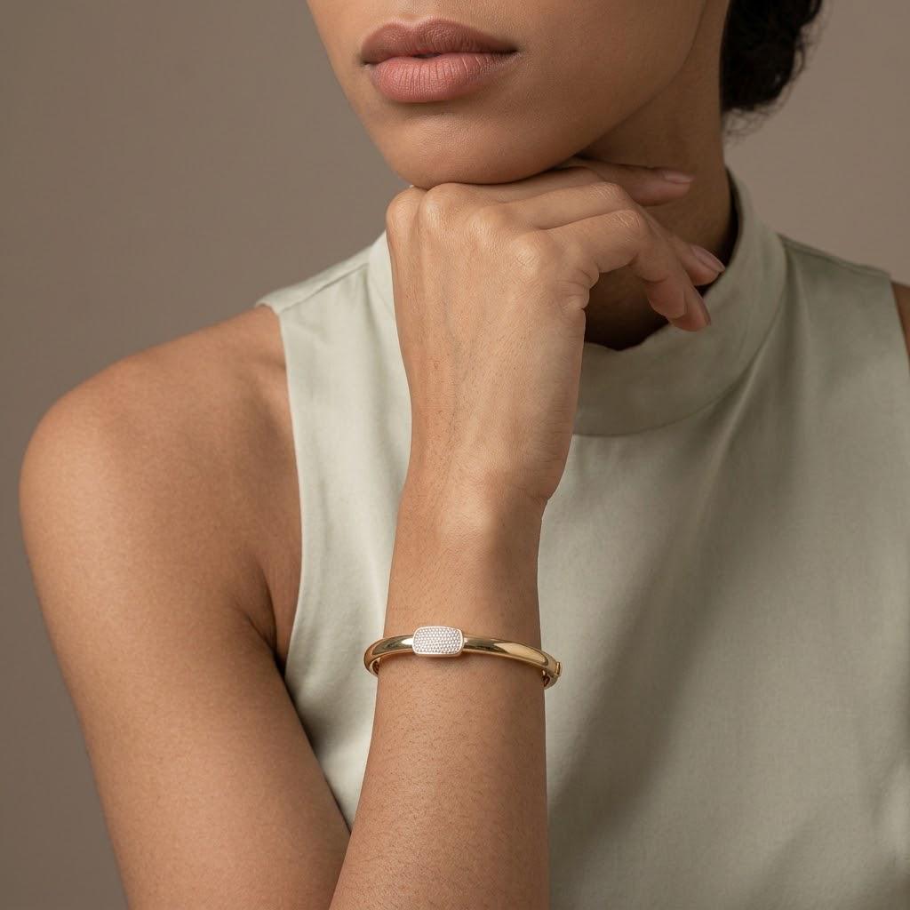14K / 18K Solid Gold Pave Bar Bangle