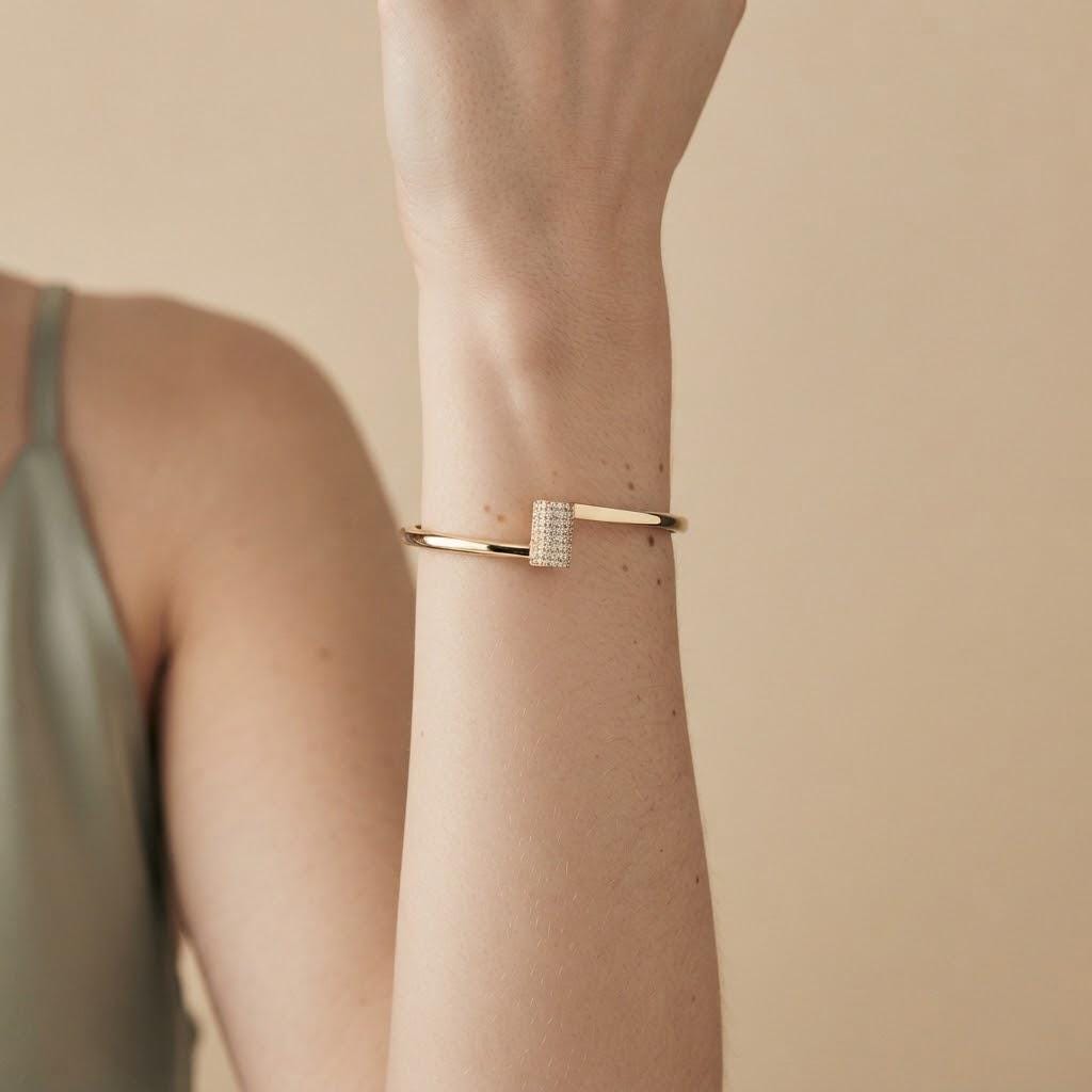 14K / 18K Solid Gold Pave Bypass Bangle