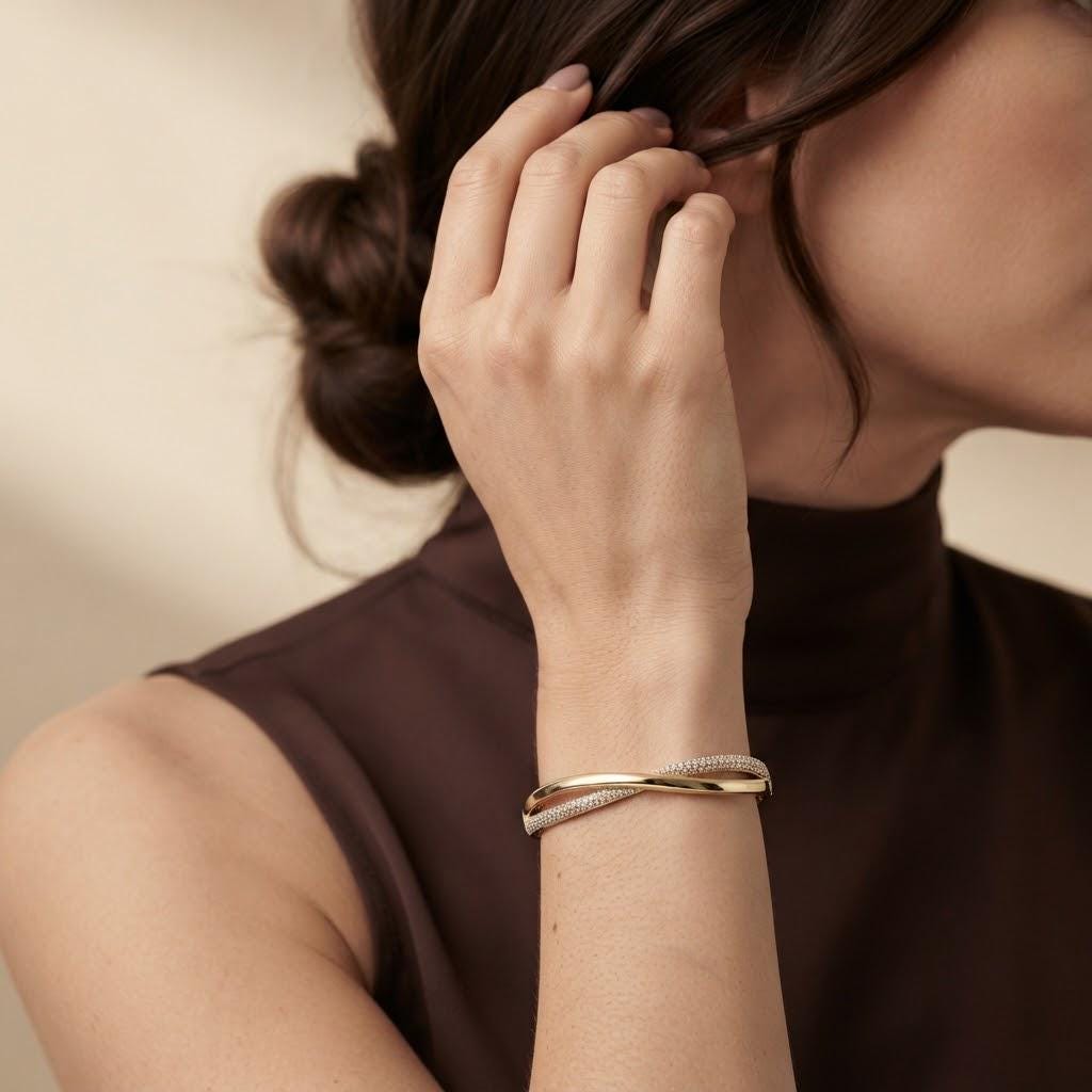 14K / 18K Solid Gold Twisted Pave Bangle