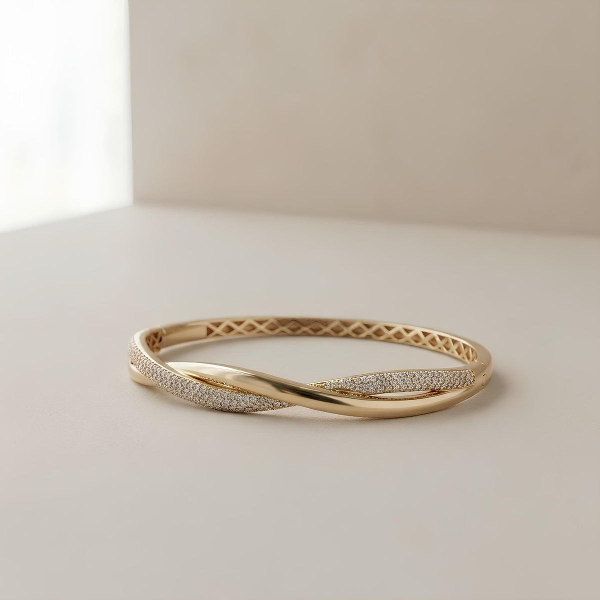 14K / 18K Solid Gold Twisted Pave Bangle