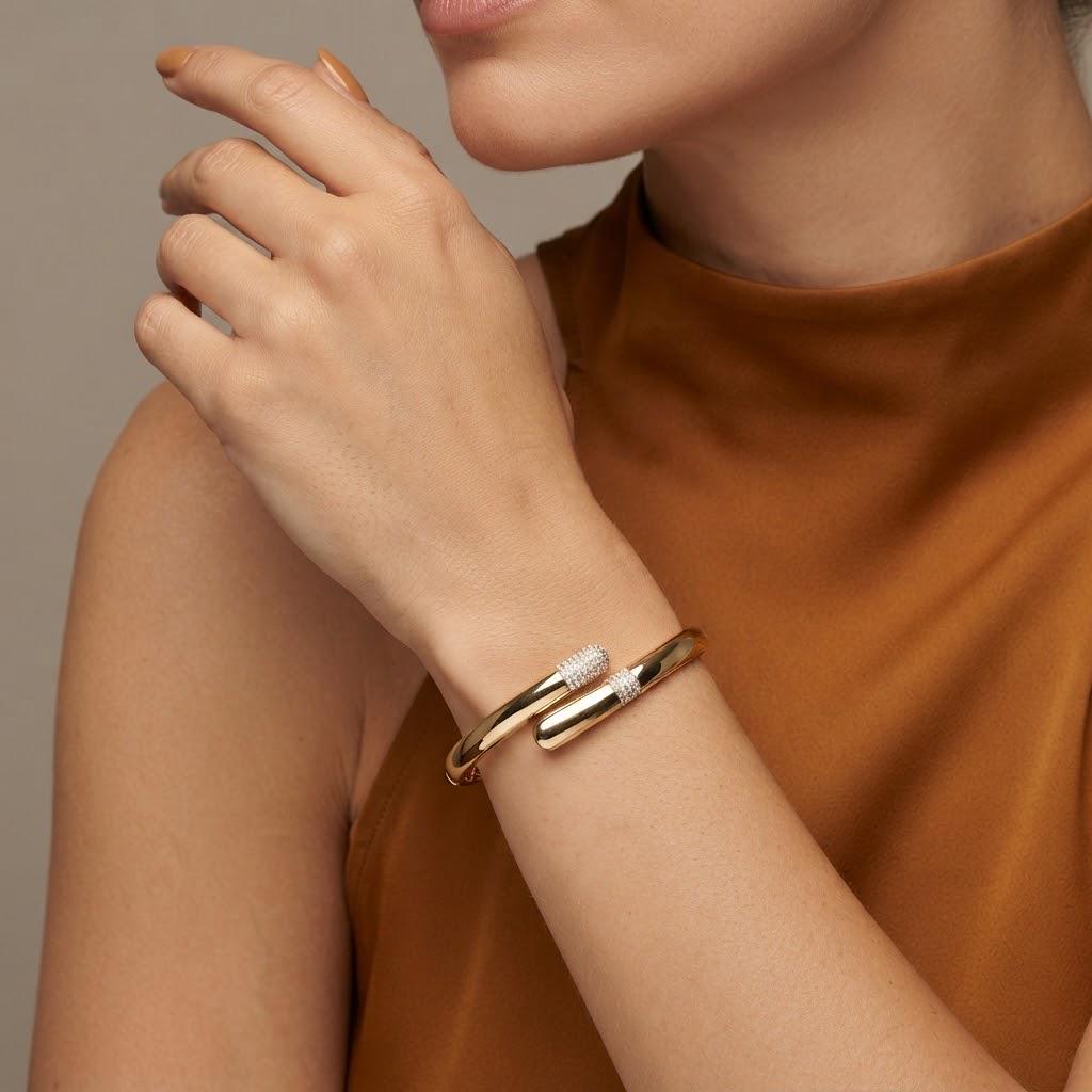 14K / 18K Solid Gold Pavé Zircon Bypass Bangle
