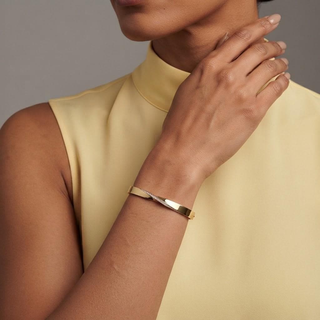 14K / 18K Solid Gold Twisted Pave Bangle