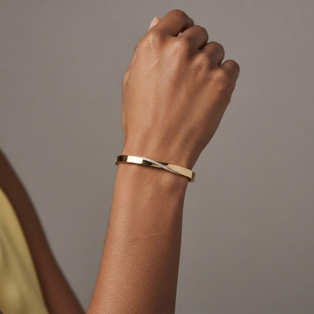 14K / 18K Solid Gold Twisted Pave Bangle
