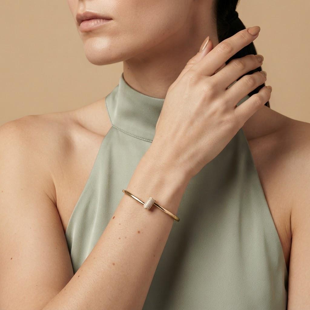 14K / 18K Solid Gold Pave Bypass Bangle
