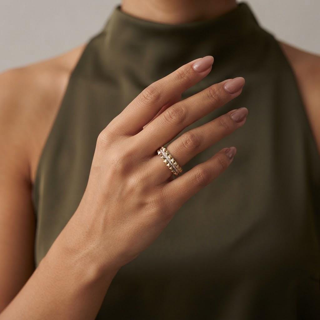 14K / 18K Solid Gold Pave Spike Band Ring