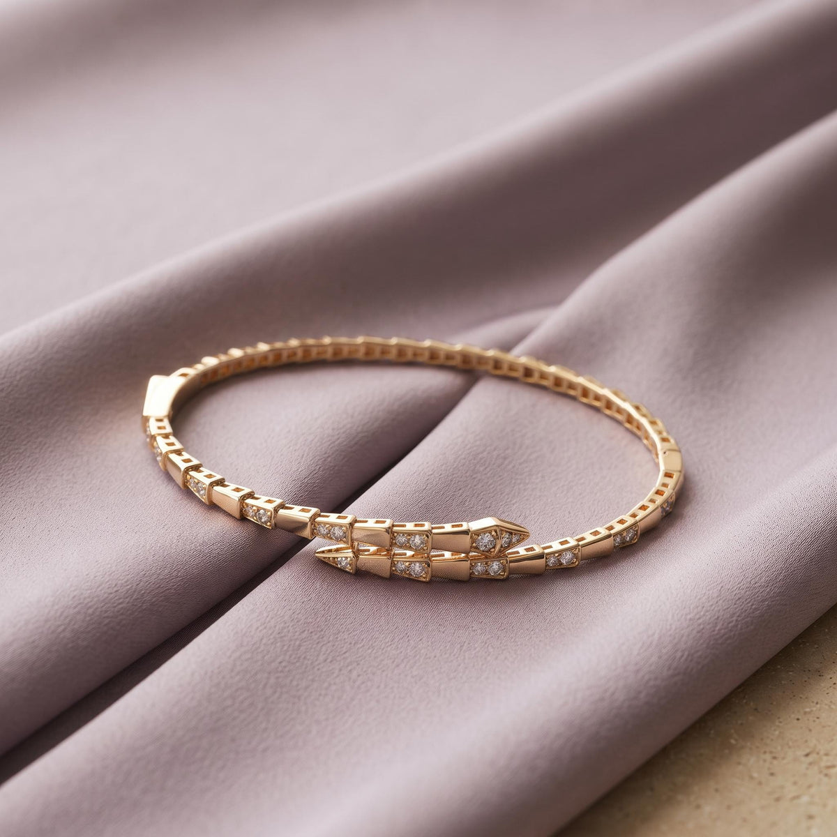 14K / 18K Solid Gold Pave Snake Bangle