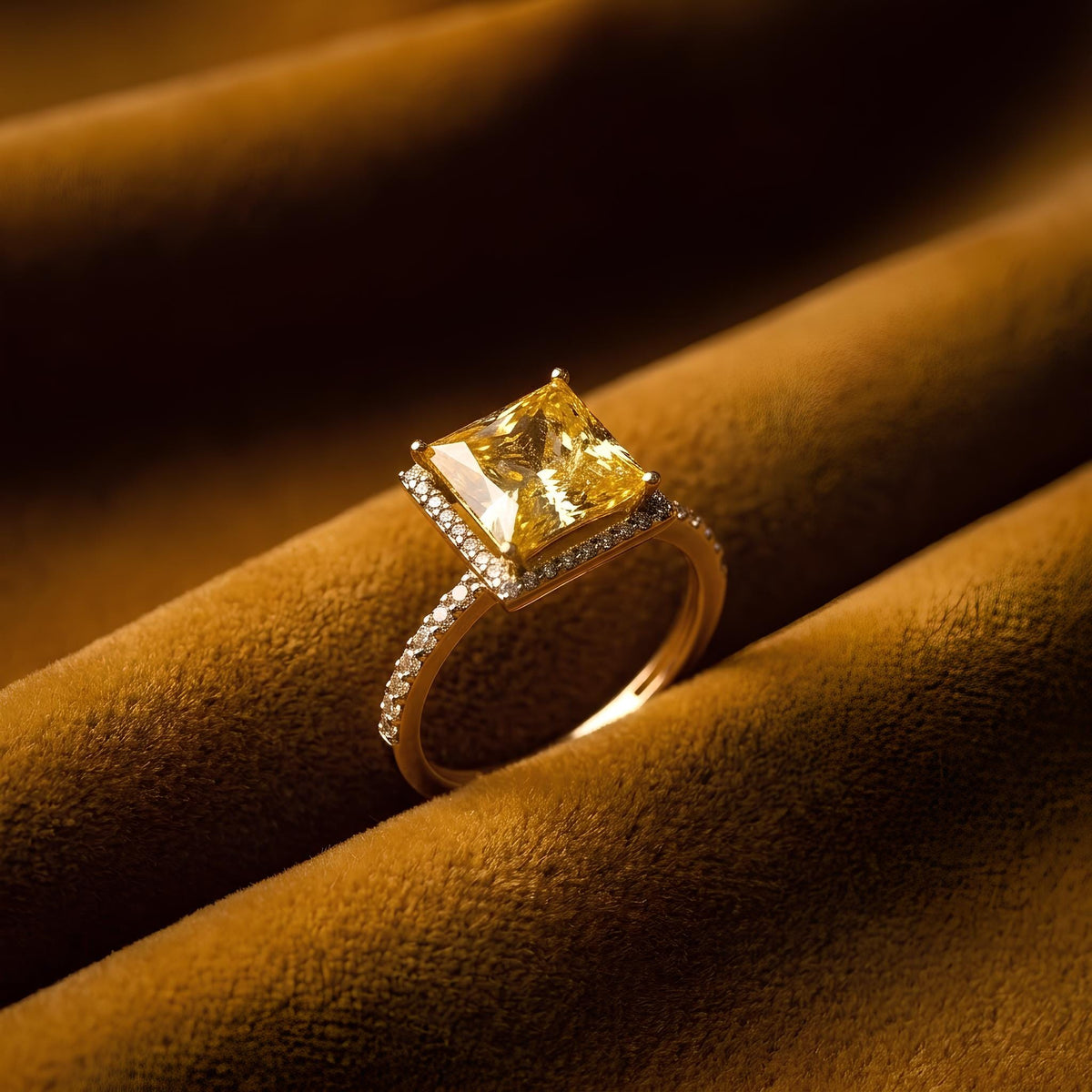 14K / 18K Solid Gold Yellow Zircon Halo Ring