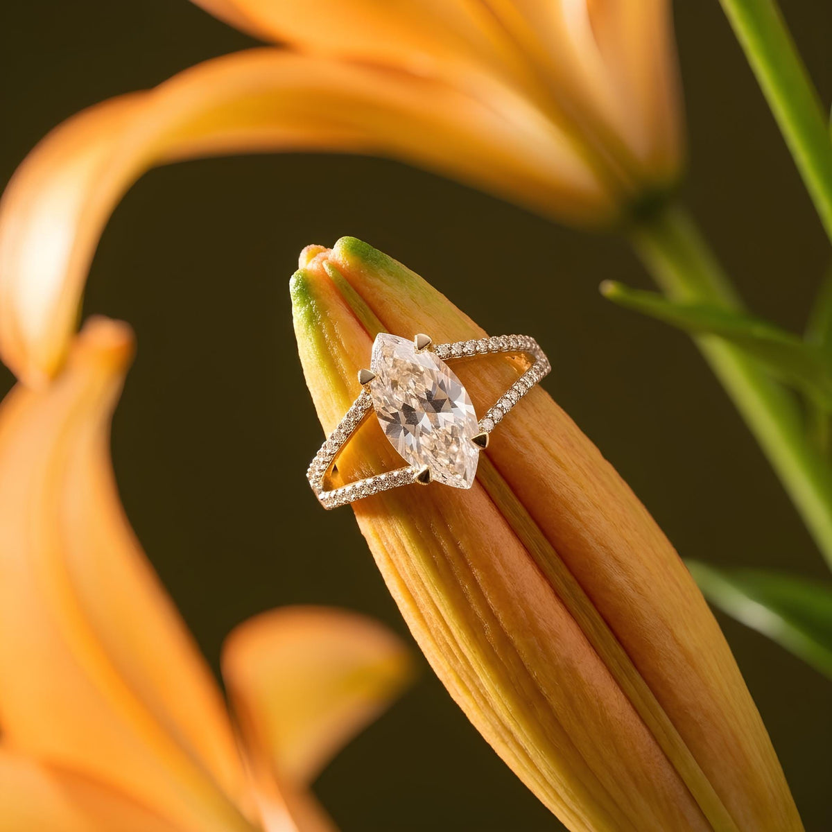 14K / 18K Solid Gold Marquise Zircon Ring