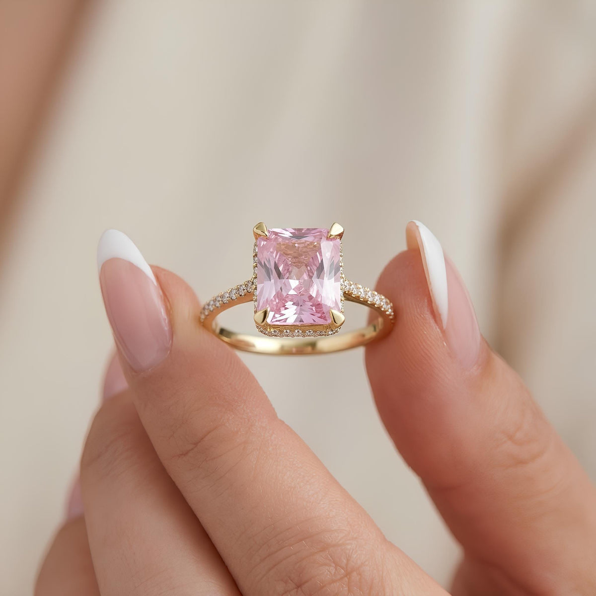 14K / 18K Solid Gold Pink Zircon Halo Ring
