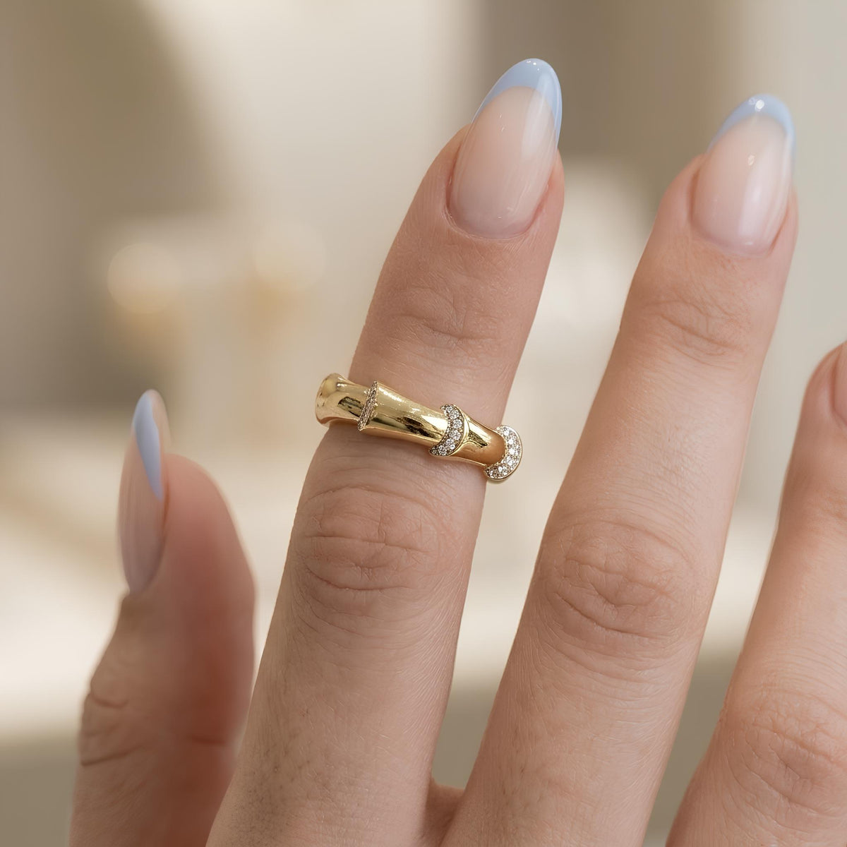 14K / 18K Solid Gold Pave Bamboo Ring