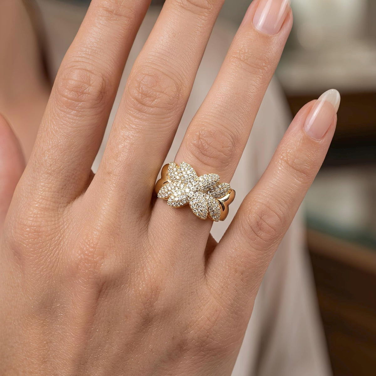 14K / 18K Solid Gold Pave Flower Ring