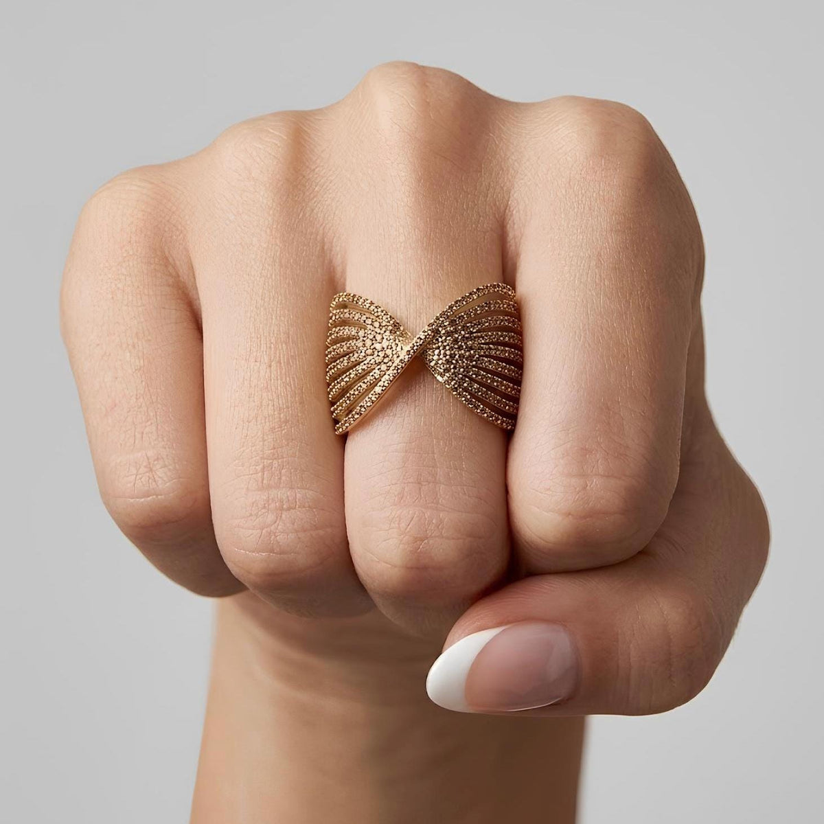 14K / 18K Solid Gold Pave Angel Wing Ring