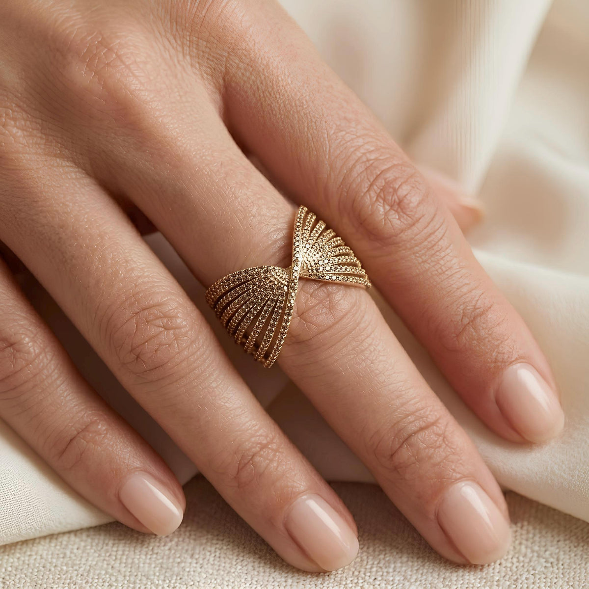 14K / 18K Solid Gold Pave Angel Wing Ring