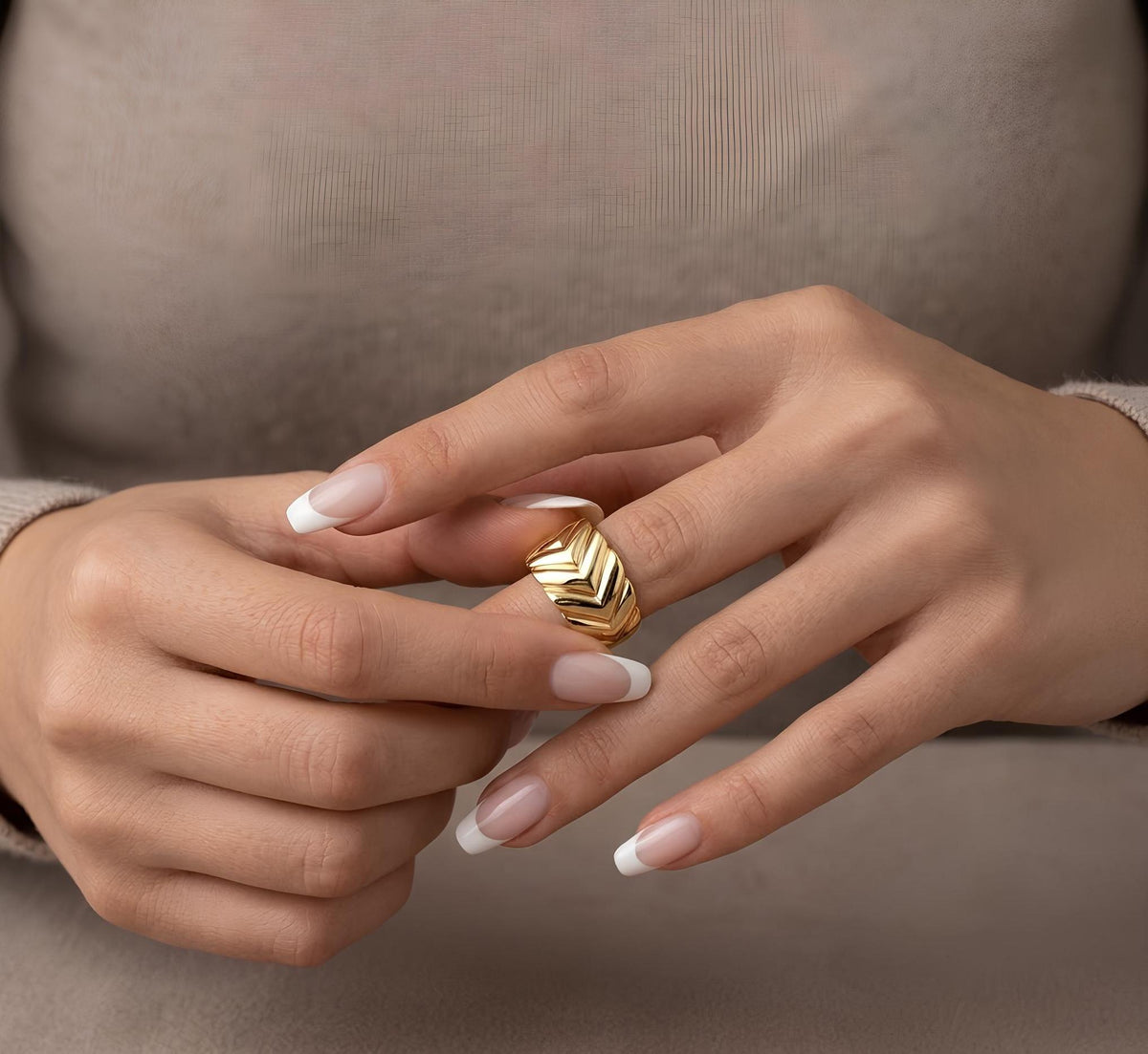 14K / 18K Solid Gold Chevron Dome Ring