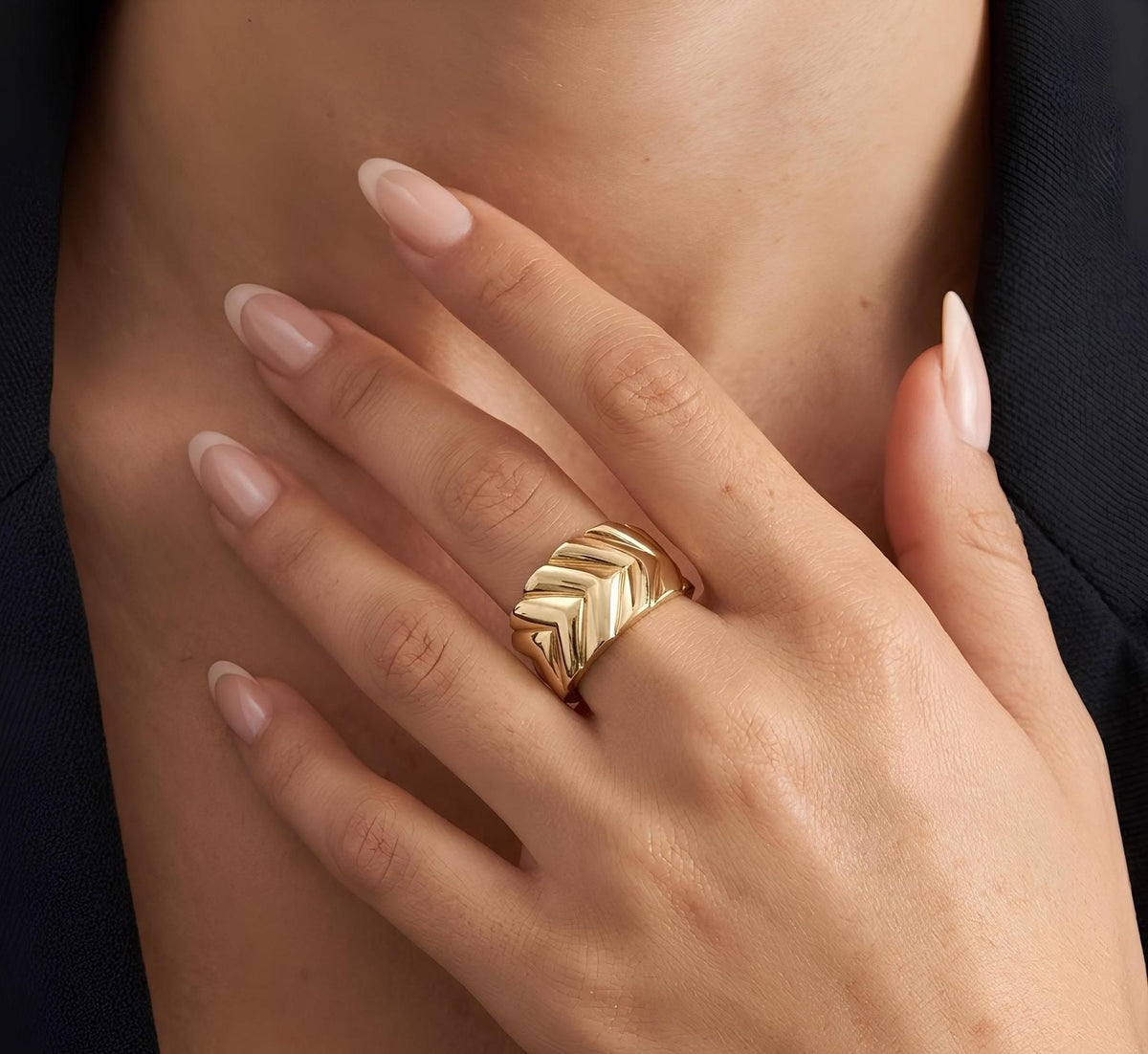 14K / 18K Solid Gold Chevron Dome Ring