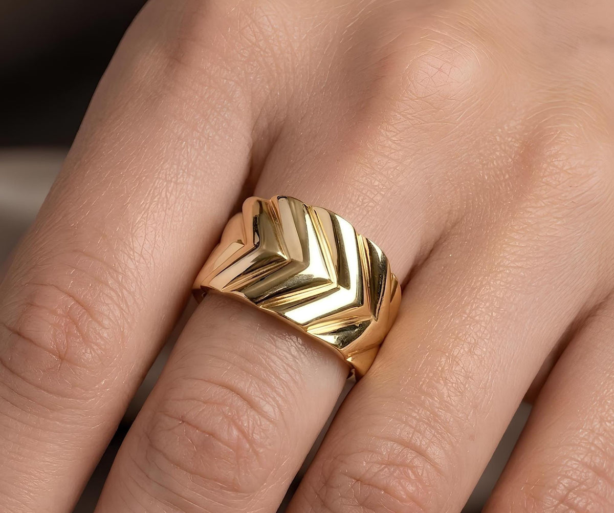 14K / 18K Solid Gold Chevron Dome Ring