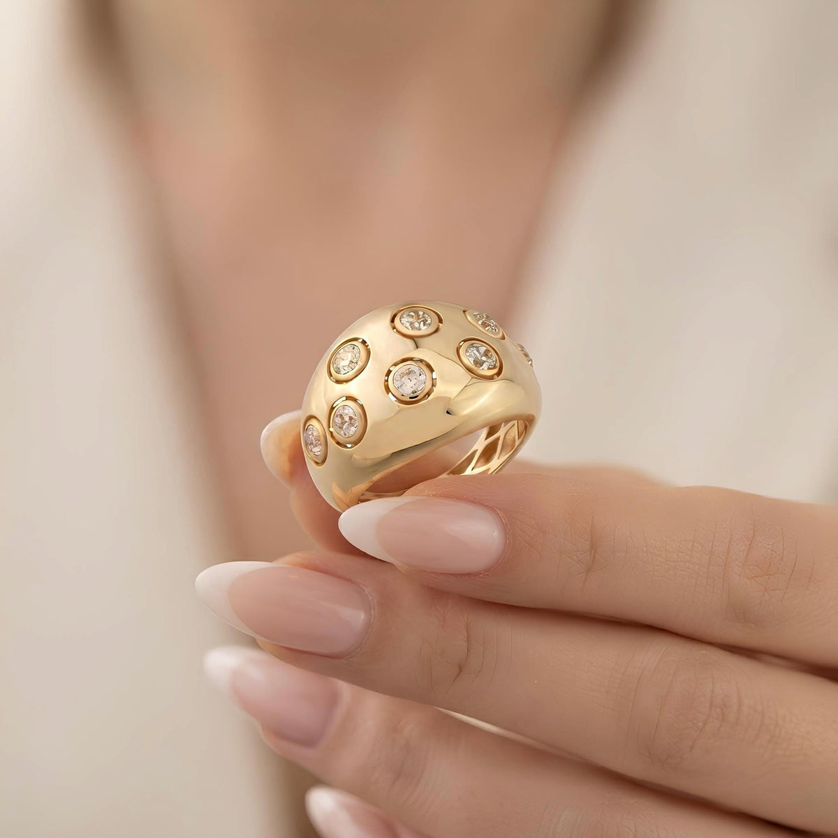 14K / 18K Solid Gold Zircon Dome Ring
