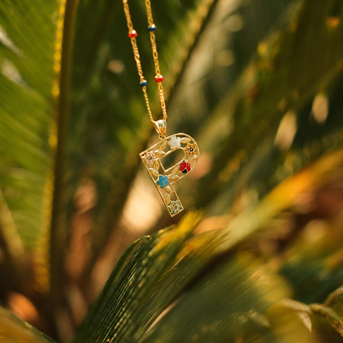14K Solid Gold Colorful Initial Necklace