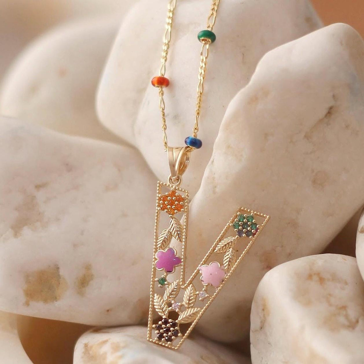 14K Solid Gold Colorful Initial Necklace