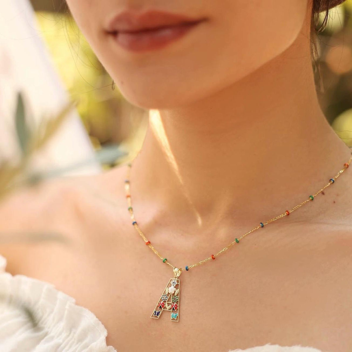 14K Solid Gold Colorful Initial Necklace