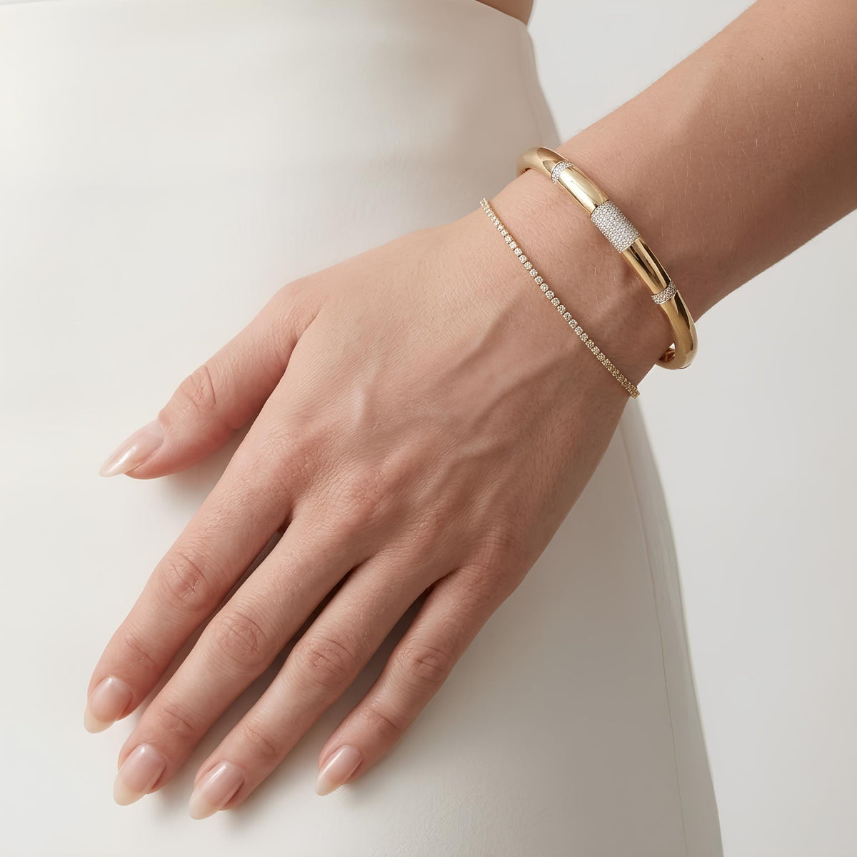 14K / 18K Solid Gold Pave Station Bangle