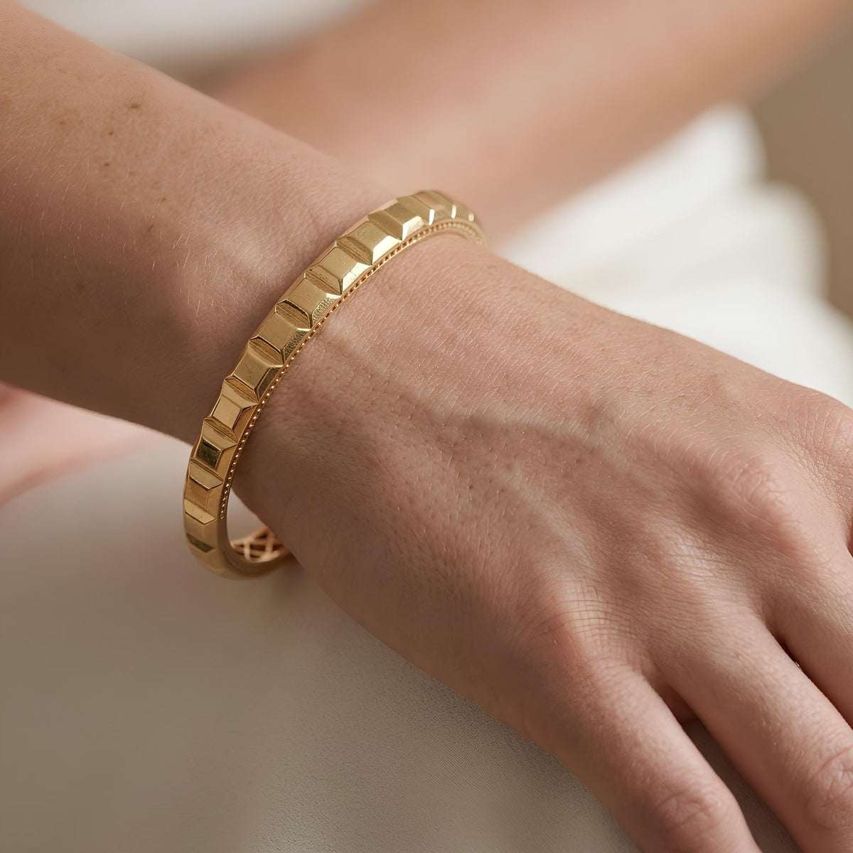 14K / 18K Solid Gold Pave Pyramid Stud Bangle